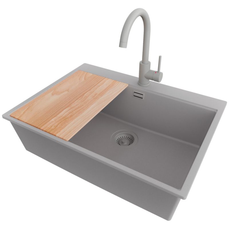 Zlew Granitowy Narożny Oslo Top PRIMAGRAN Nablatowy 68x50cm do Szafki od 70cm, Cały Szary + Bateria + Syfon + Deska, S506, 1 szt.