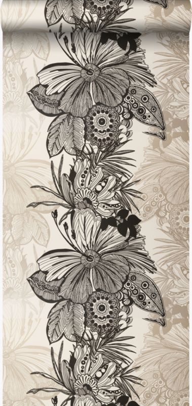 Tapeta Origin Wallcoverings kwiaty czarnymIbeżowym 52 cm x 10.05 m - 1 rol.