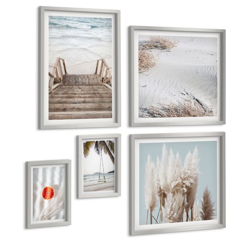 Pięcioczęściowy Zestaw Obrazów ArtPrintCave (2x50x50+2x20x30+40x60cm) Srebrna rama Plaża drewniane schody klimat 1 kpl.