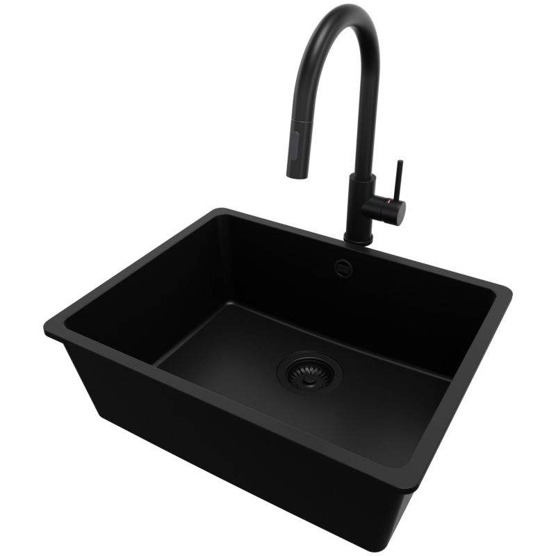 Zlew Granitowy Narożny Wenecja Easy Slim PRIMAGRAN Nablatowy 56x44cm, Cały Czarny + Bateria + Syfon, S080, 1 szt.