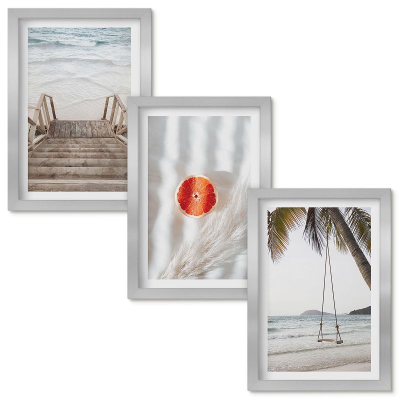 Obrazy do Salonu Wallfluent Plaża drewniane schody wakacje Srebrna rama 20x30cm 3 szt.
