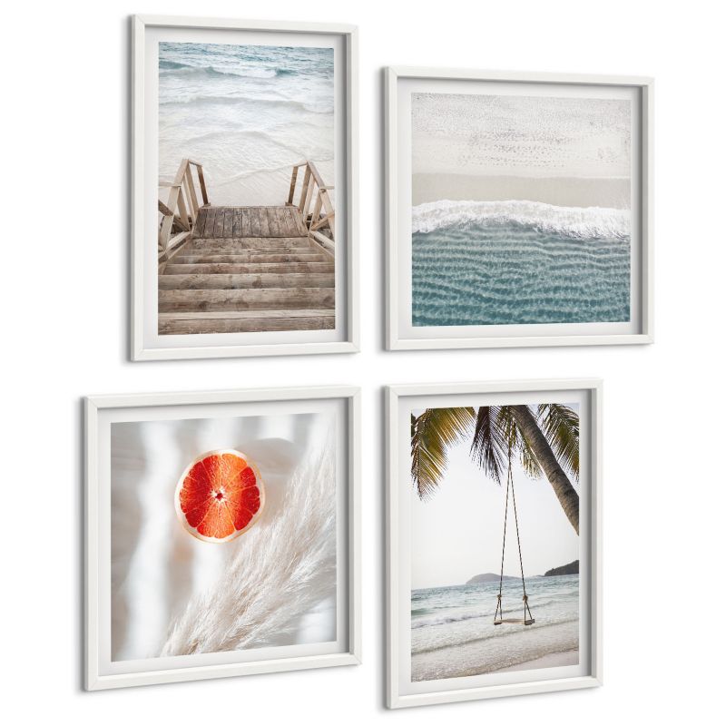 Czteroczęściowy Zestaw Obrazów ArtPrintCave (2x50x50+2x40x60cm) Biała rama Plaża drewniane schody klimat 1 kpl.