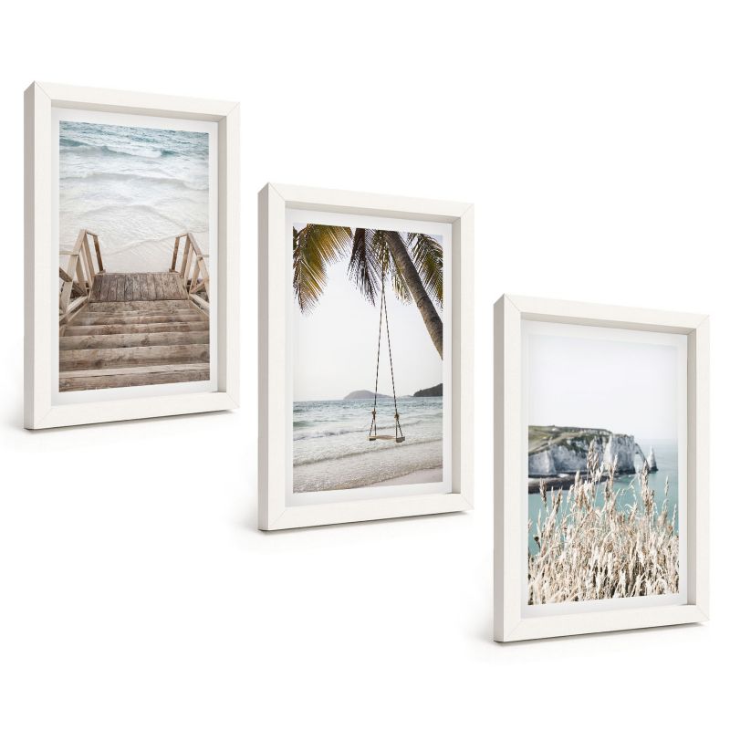 Galeria 3 Obrazów w Białej Ramie ArtPrintCave 20x30 cm Komplet ścienny Plaża drewniane schody huśtawka 1 kpl.