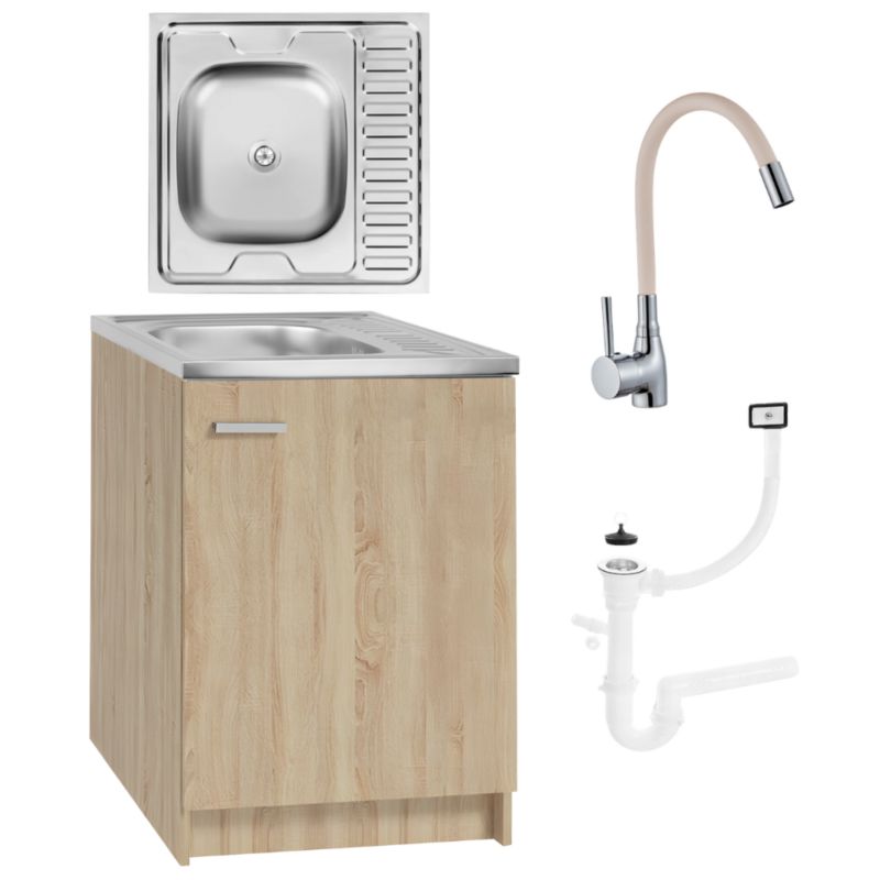 Szafka Kuchenna Stamar 600 x 600 mm Dąb Sonoma + Zlew + Bateria Elastyczna Beż Syfon 1 szt