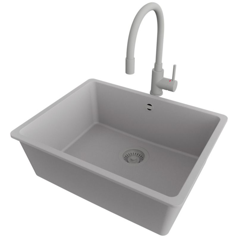 Zlew Granitowy Narożny Wenecja Easy Slim PRIMAGRAN Nablatowy 56x44cm, Cały Szary + Bateria + Syfon, S092, 1 szt.