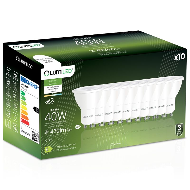 Żarówka LED Lumiled GU10 Reflektor PAR16 3.4W 470LM 4000K 38st 10 szt.