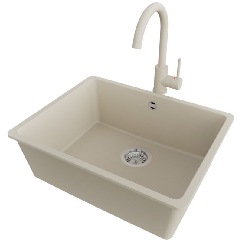 Zlew Granitowy Narożny Wenecja Easy Slim PRIMAGRAN Nablatowy 56x44cm do Szafki od 60cm, Beżowy + Bateria + Syfon, S077, 1 szt.