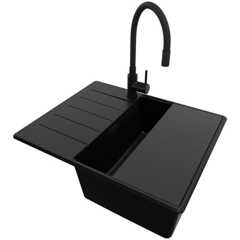 Zlew Granitowy Narożny Kopenhaga PRIMAGRAN Nablatowy 62x50cm, Cały Czarny + Bateria + Syfon + Akcesorium, S282, 1 szt.
