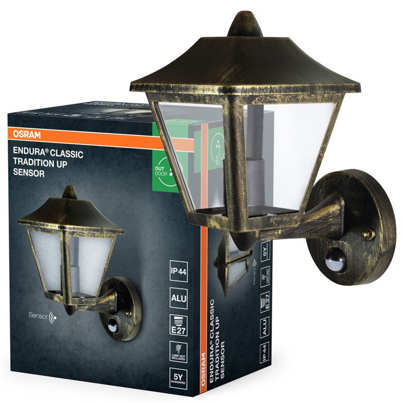 Kinkiet Ogrodowy Endura Osram Lampa Latarnia E27 Czarny Złoty IP44 z Czujnikiem Ruchu i Zmierzchu 1 szt.