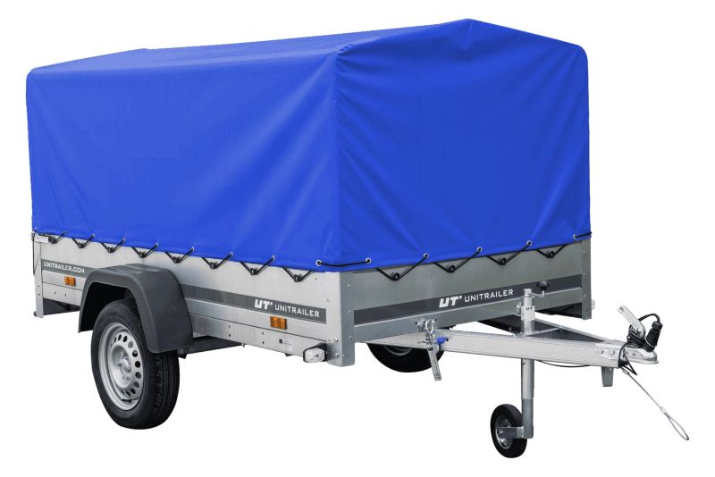 Przyczepka jednoosiowa Unitrailer na resorach 230x125 GARDEN 230/R KIPP ze stelażem H-800 i plandeką niebieską 1 szt.