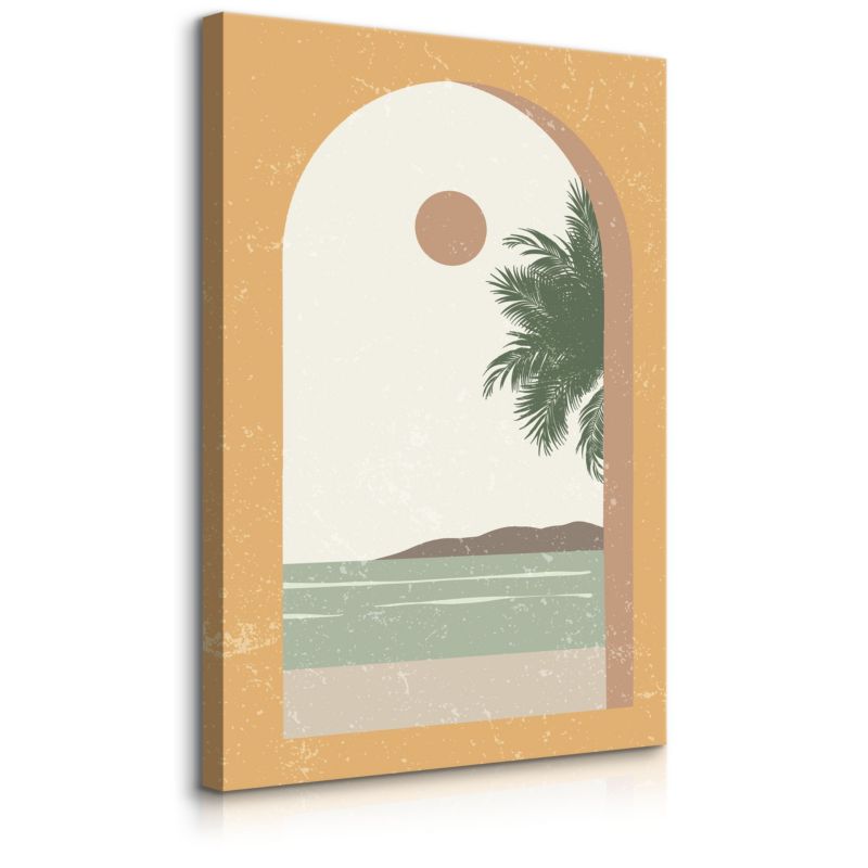 Obraz Muralo Na Płótnie Widok Z Okna Palmy Ocean Klify Styl Boho Abstrakcja 40x60 cm 1 szt.