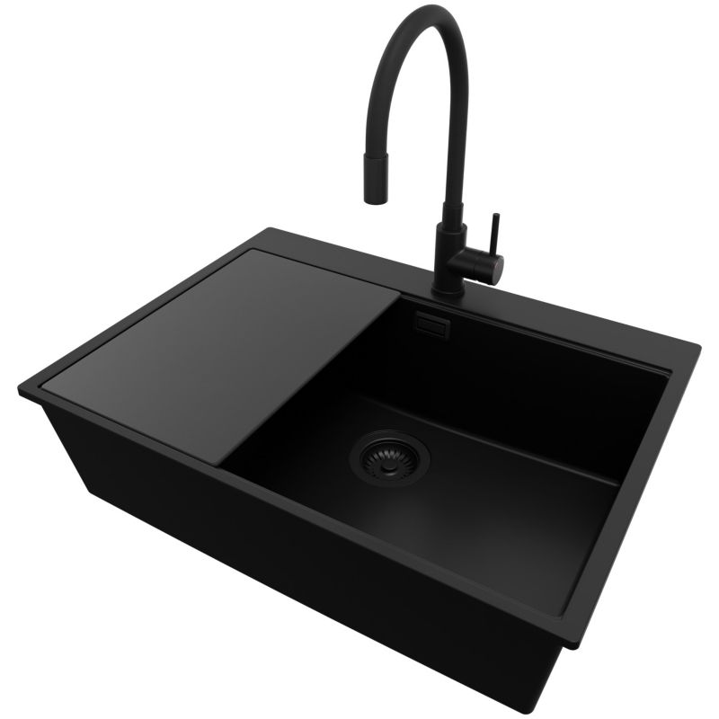 Zlew Granitowy Narożny Oslo Top PRIMAGRAN Nablatowy 68x50cm, Cały Czarny + Bateria + Syfon + Akcesorium, S522, 1 szt.