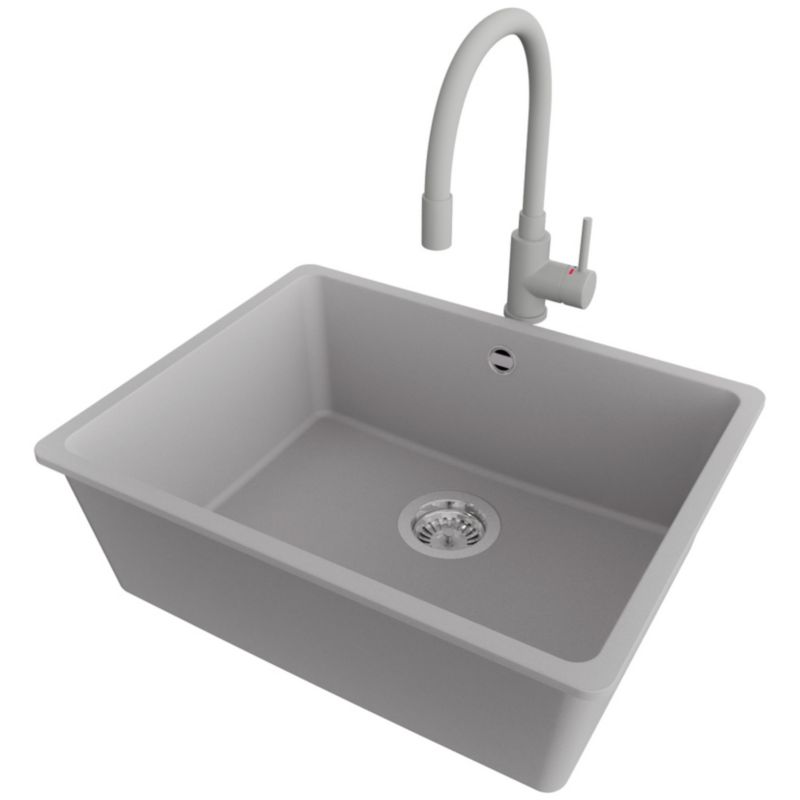 Zlew Granitowy Narożny Wenecja Easy Slim PRIMAGRAN Nablatowy 56x44cm do Szafki od 60cm, Szary + Bateria + Syfon, S091, 1 szt.