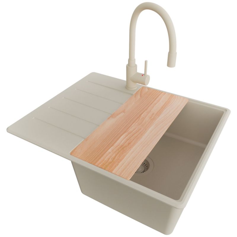 Zlew Granitowy Narożny Kopenhaga PRIMAGRAN Nablatowy 62x50cm, Cały Beżowy + Bateria + Syfon + Akcesorium, S278, 1 szt.