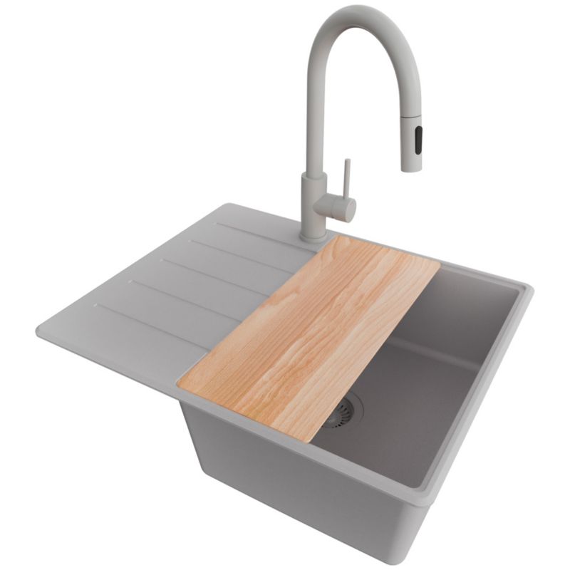 Zlew Granitowy Narożny Kopenhaga PRIMAGRAN Nablatowy 62x50cm, Cały Szary + Bateria + Syfon + Akcesorium, S268, 1 szt.