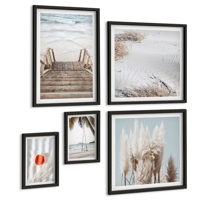 Pięcioczęściowy Zestaw Obrazów ArtPrintCave (2x50x50+2x20x30+40x60cm) Czarna rama Plaża drewniane schody klimat 1 kpl.