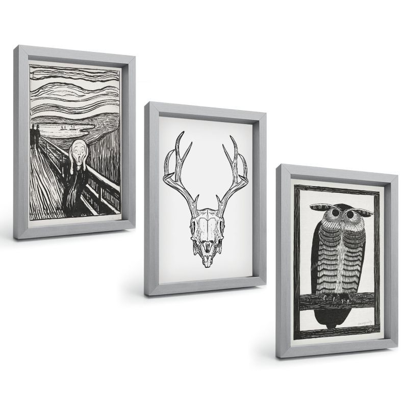 Zestaw Obrazów 3 Częściowy ArtPrintCave Srebrne Ramki 20x30 cm Dekoracja do Sypialni Krzyk czaszka sowa grafika 1 kpl.