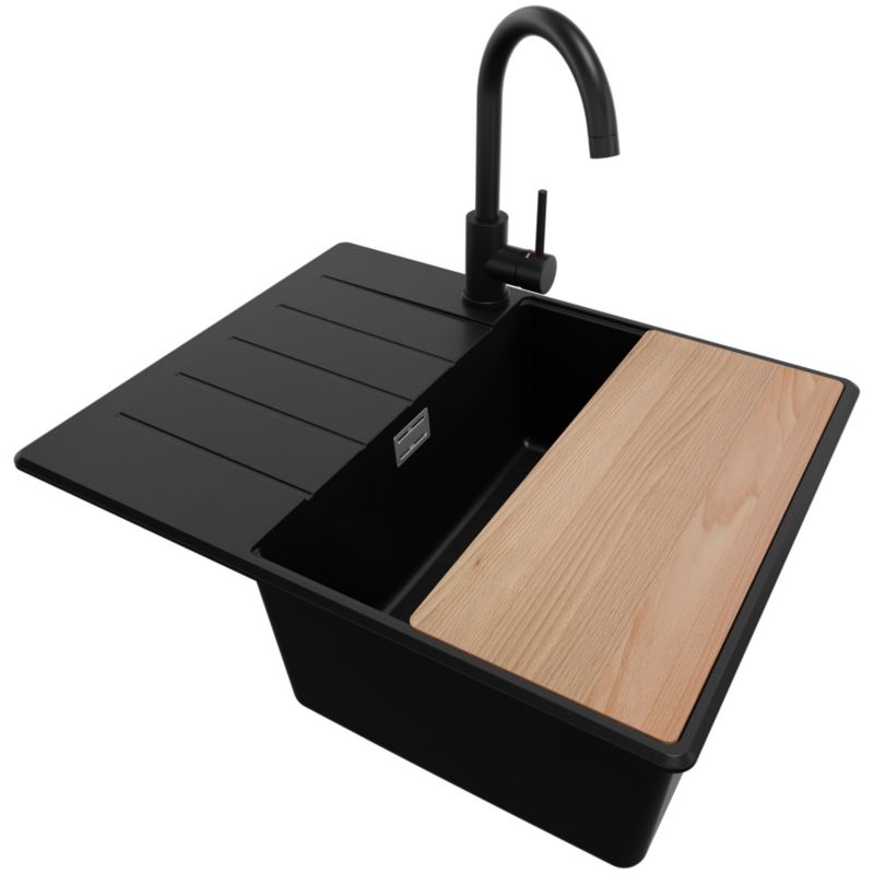 Zlew Granitowy Narożny Kopenhaga PRIMAGRAN Nablatowy 62x50cm do Szafki od 45cm, Czarny + Bateria + Syfon + Deska, S255, 1 szt.