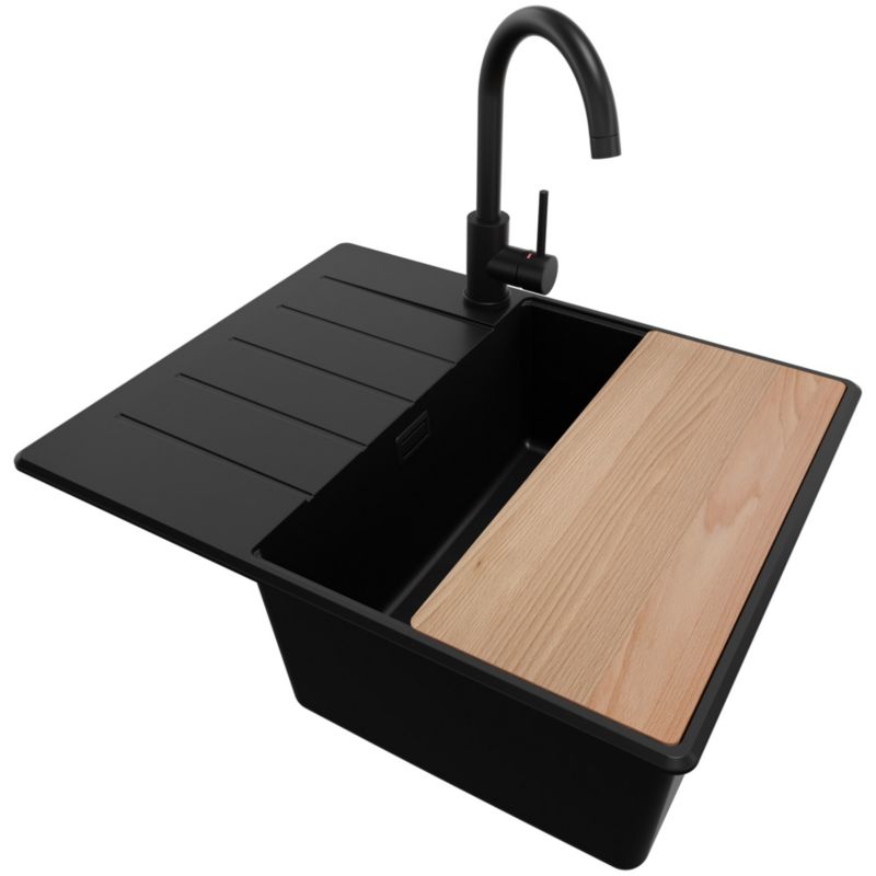 Zlew Granitowy Narożny Kopenhaga PRIMAGRAN Nablatowy 62x50cm, Cały Czarny + Bateria + Syfon + Akcesorium, S256, 1 szt.