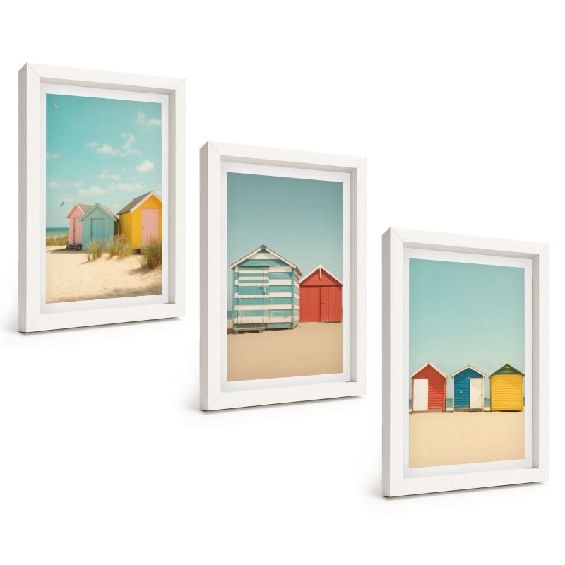 Zestaw Obrazów 3 Częściowy ArtPrintCave Białe Ramki 20x30 cm Dekoracja do Sypialni Kolorowe domki plaża słońce 1 kpl.
