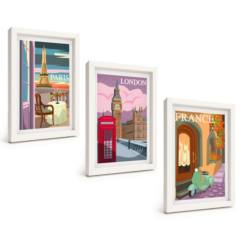 Zestaw Obrazów 3 Częściowy ArtPrintCave Białe Ramki 20x30 cm Dekoracja do Sypialni Widoki Paryż Londyn retro 1 kpl.
