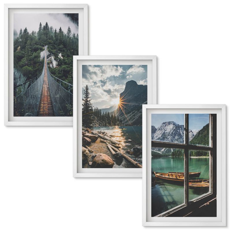 Tryptyk w Ramie Wallfluent Most las jezioro łodzie góry Biała rama 40x60 cm 3 szt.