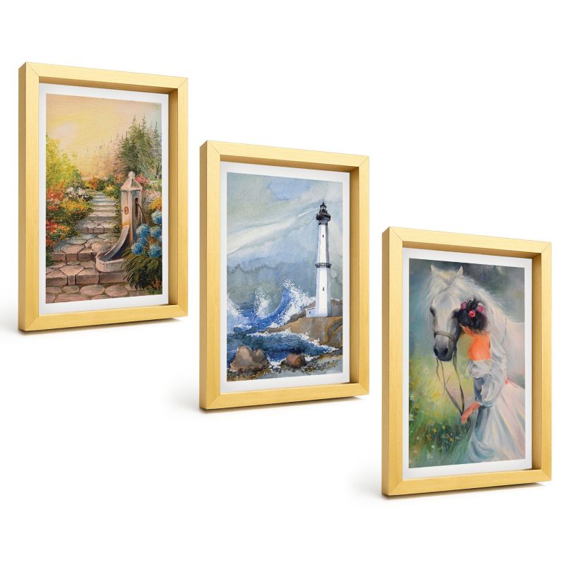 Zestaw Obrazów 3 Częściowy ArtPrintCave Złote Ramki 20x30 cm Dekoracja do Sypialni Latarnia morska koń dziewczyna 1 kpl.