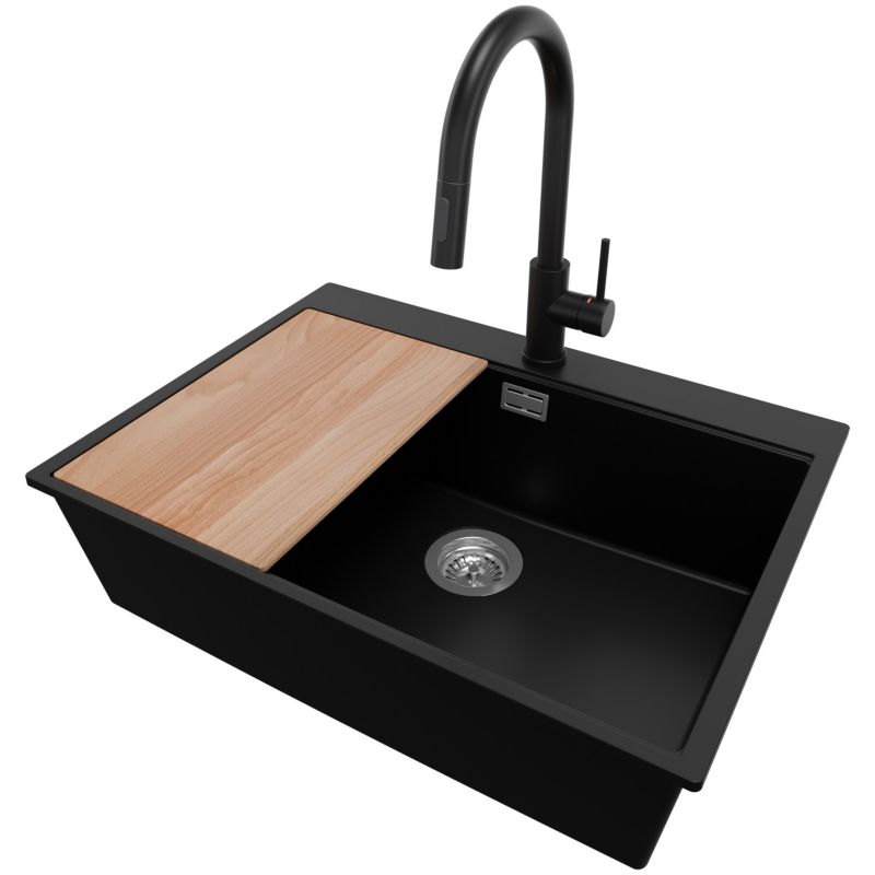 Zlew Granitowy Narożny Oslo Top PRIMAGRAN Nablatowy 68x50cm do Szafki od 70cm, Czarny + Bateria + Syfon + Deska, S507, 1 szt.