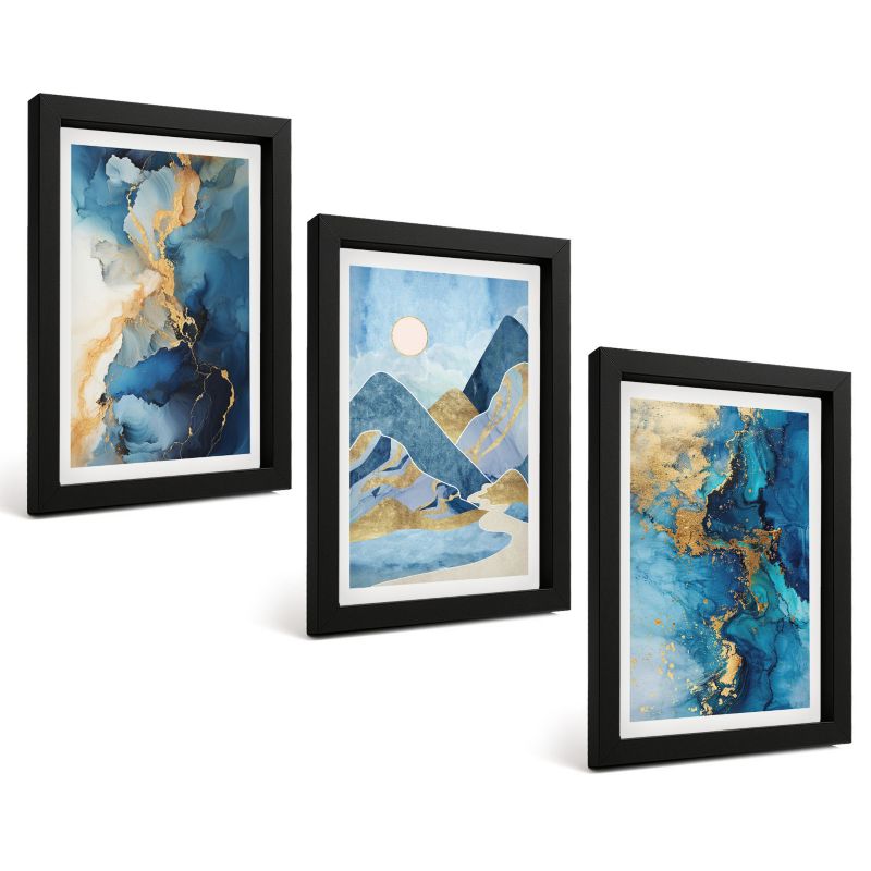 Zestaw Obrazów 3 Częściowy ArtPrintCave Czarne Ramki 20x30 cm Dekoracja do Sypialni Niebieskie góry 1 kpl.