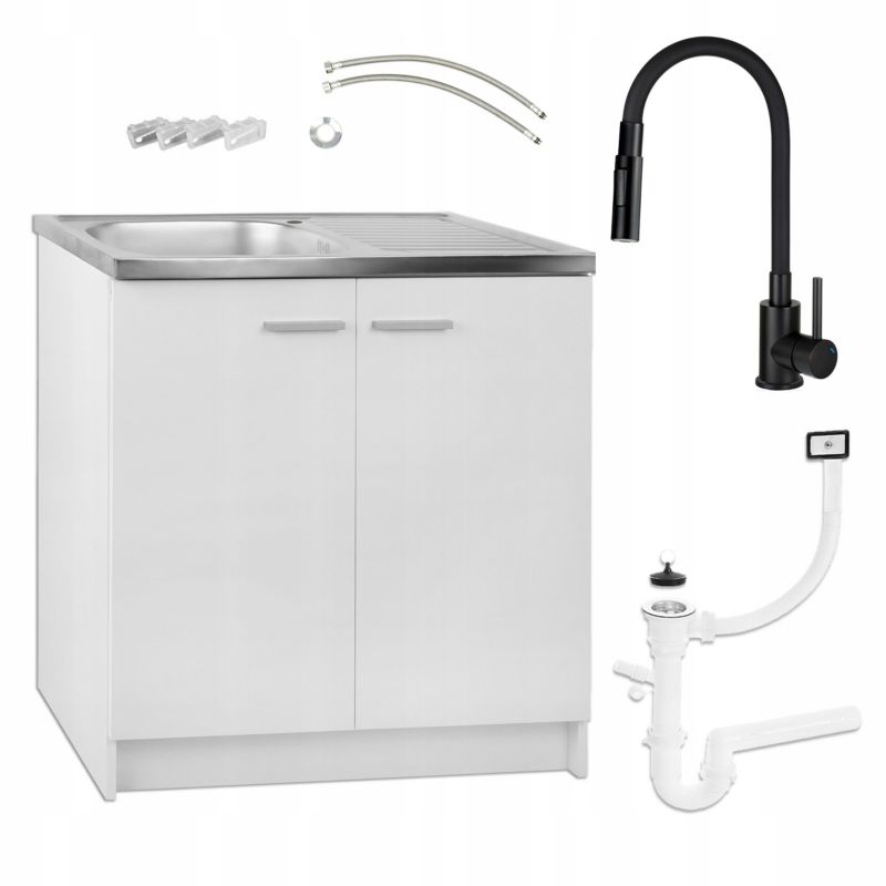 Szafka Kuchenna Stamar Biała Zlew 800x500 mm Bateria Deante Czarna Elastyczna 2w1 Syfon 1 szt