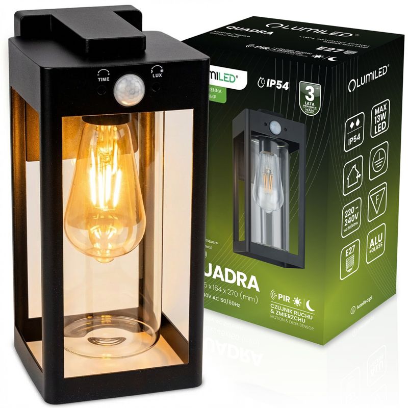 Kinkiet Ogrodowy Lumiled Elewacyjny Zewnętrzny Lampa E27 Czujnik Ruchu i Zmierzchu IP54 1 szt