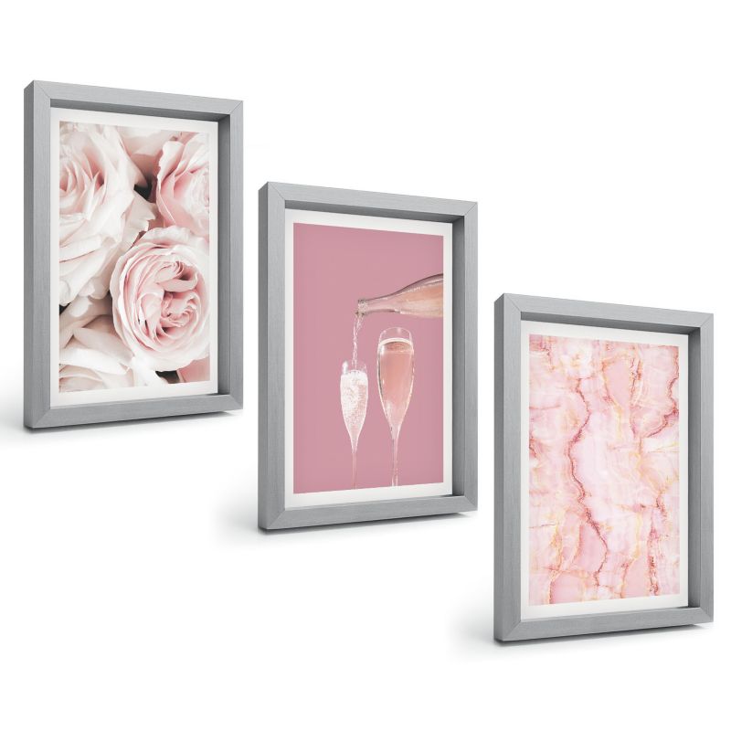 Zestaw Obrazów 3 Częściowy ArtPrintCave Srebrne Ramki 20x30 cm Dekoracja do Sypialni Róże szampan marmurowe tło 1 kpl.