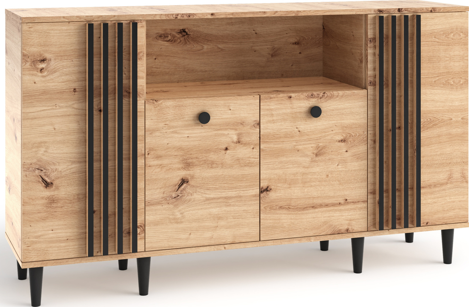 Komoda 160 cm na nóżkach do salonu LERON czterodrzwiowa dąb artisan