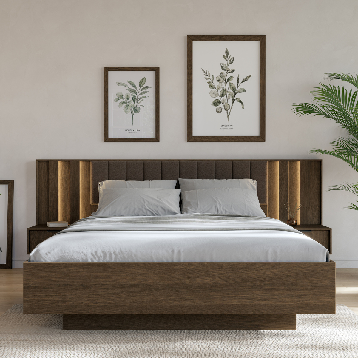 Dwuosobowe drewniane łóżko z stolikami nocnymi 160x200 cm z pojemnikiem na pościel ALVERO dąb dunin