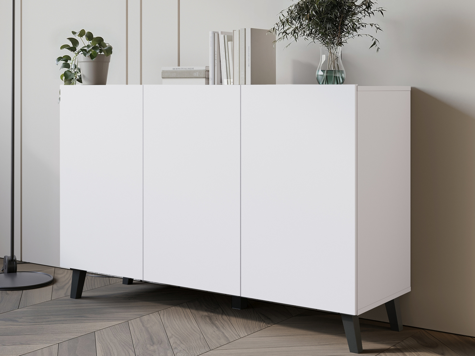 Biała komoda 120 cm na nóżkach do salonu PUNES trzydrzwiowa