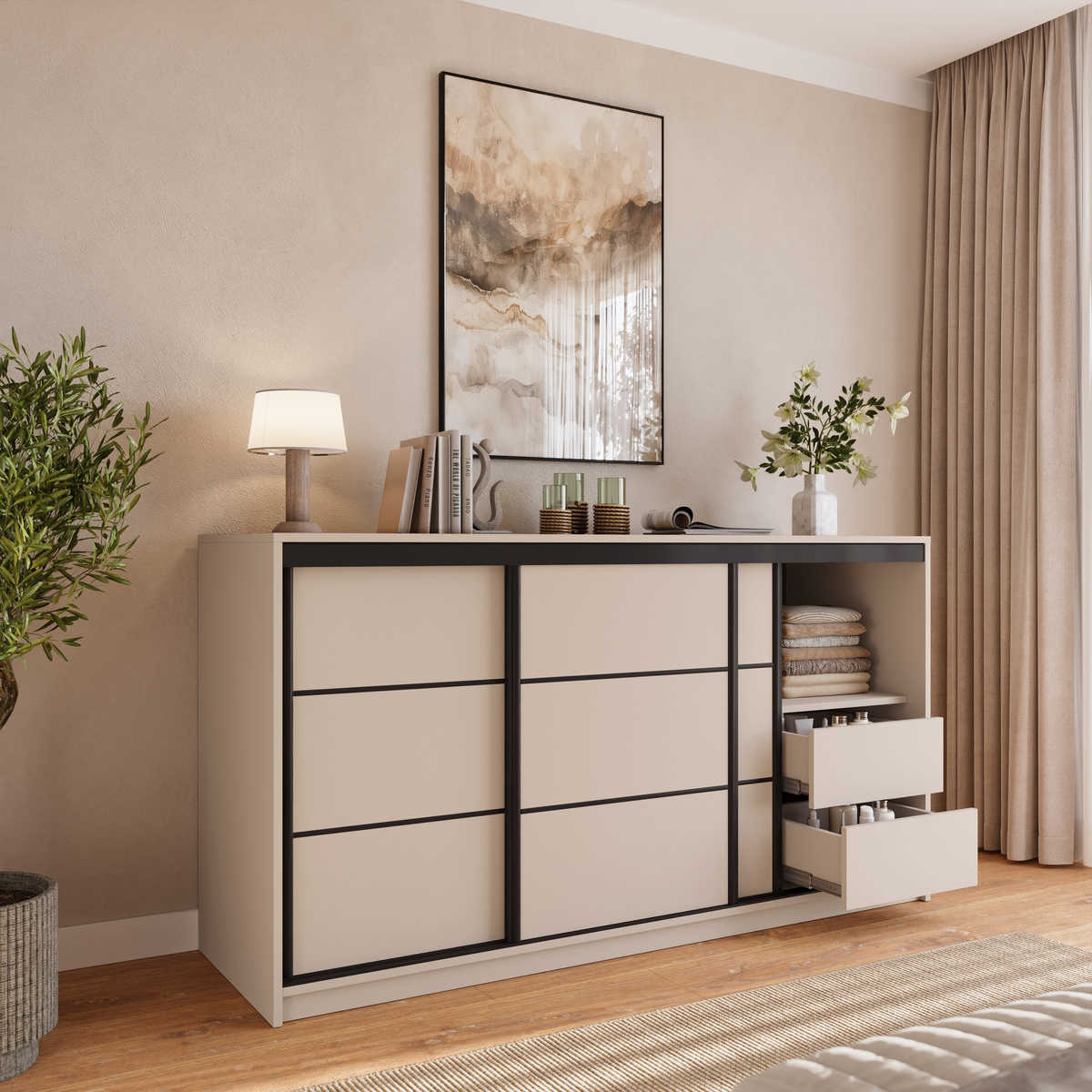 Beżowa komoda przesuwna z szufladami 180 cm LOFT