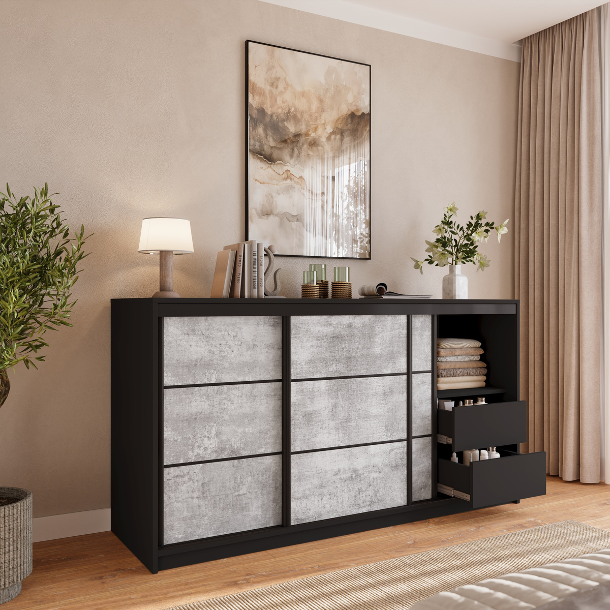 Komoda przesuwna z drążkiem i szufladami 180 cm LOFT beton