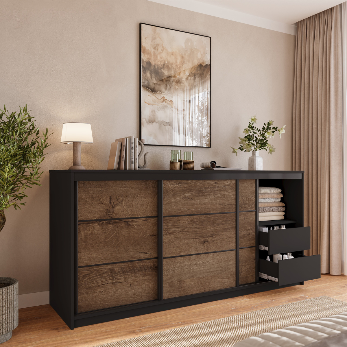Pojemna komoda przesuwna z szufladami i drążkiem 200 cm LOFT