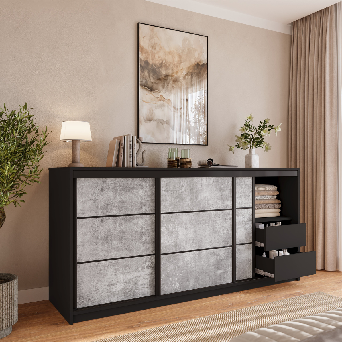 Komoda trzydrzwiowa do sypialni z szufladami i drążkiem 200 cm LOFT
