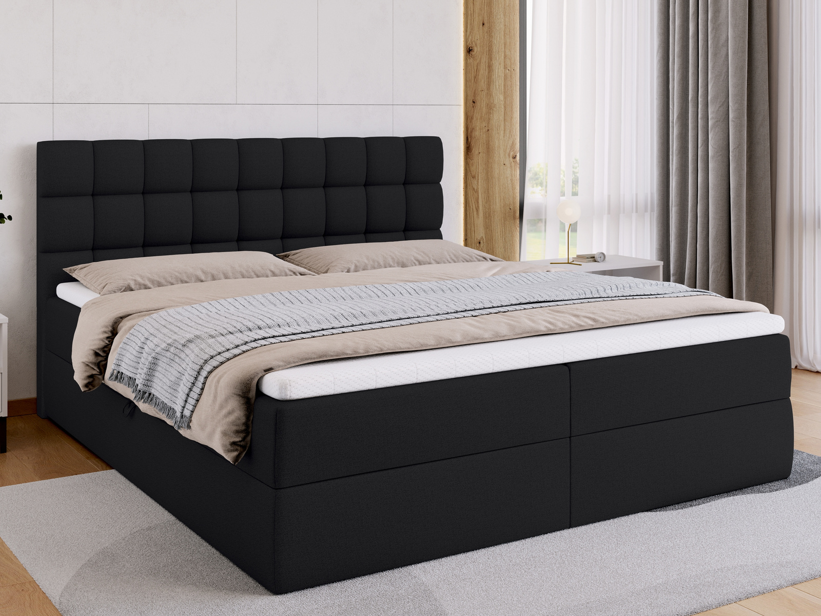 Dwuosobowe czarne łóżko kontynentalne 180x200 cm z pojemnikiem DAKOTA