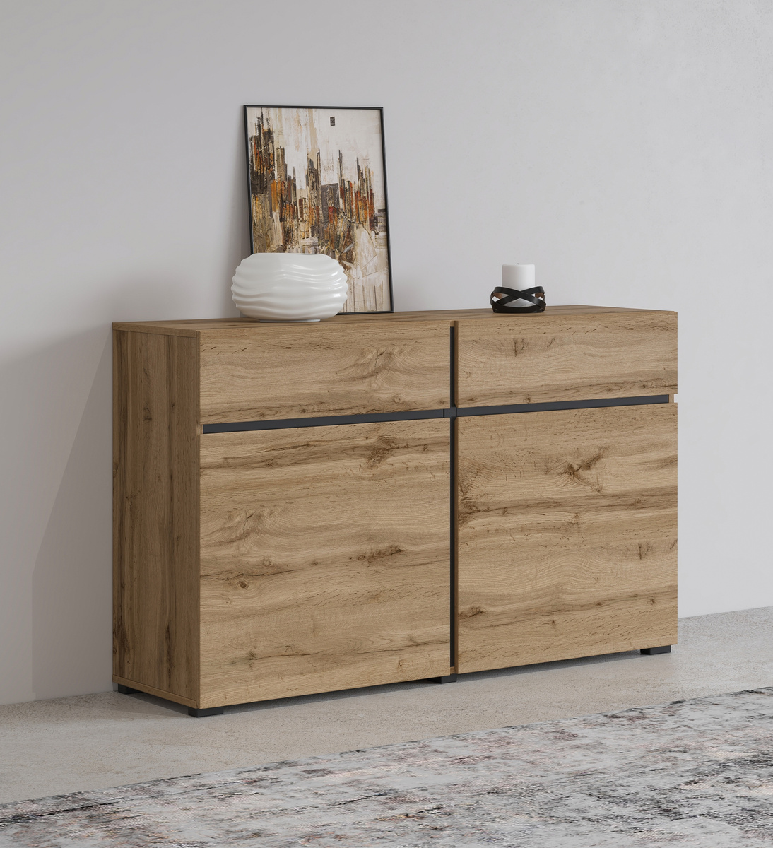 Mała komoda z szufladami do salonu 120 cm CROSS dąb wotan