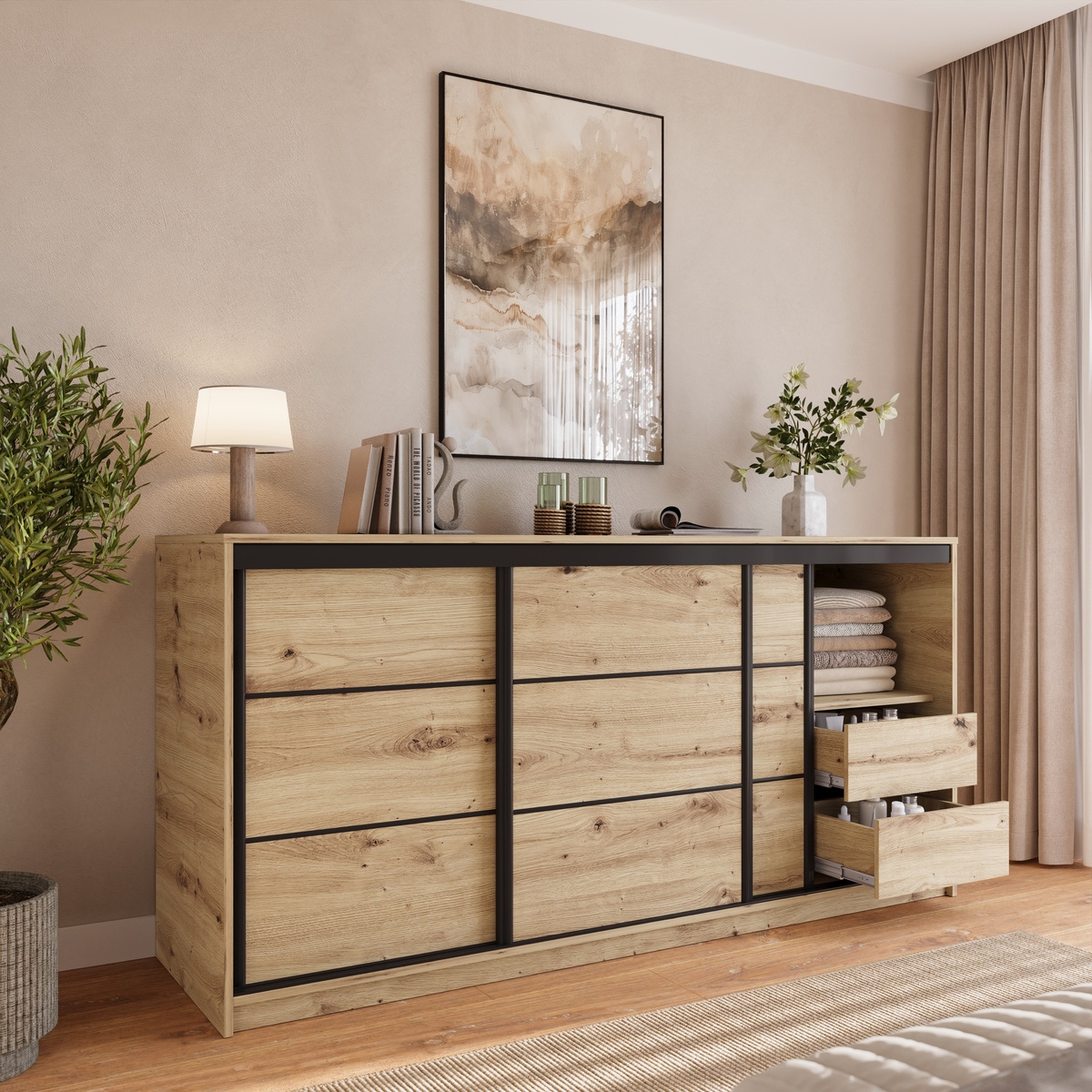 Komoda przesuwna z drążkiem i szufladami 200 cm LOFT dąb artisan
