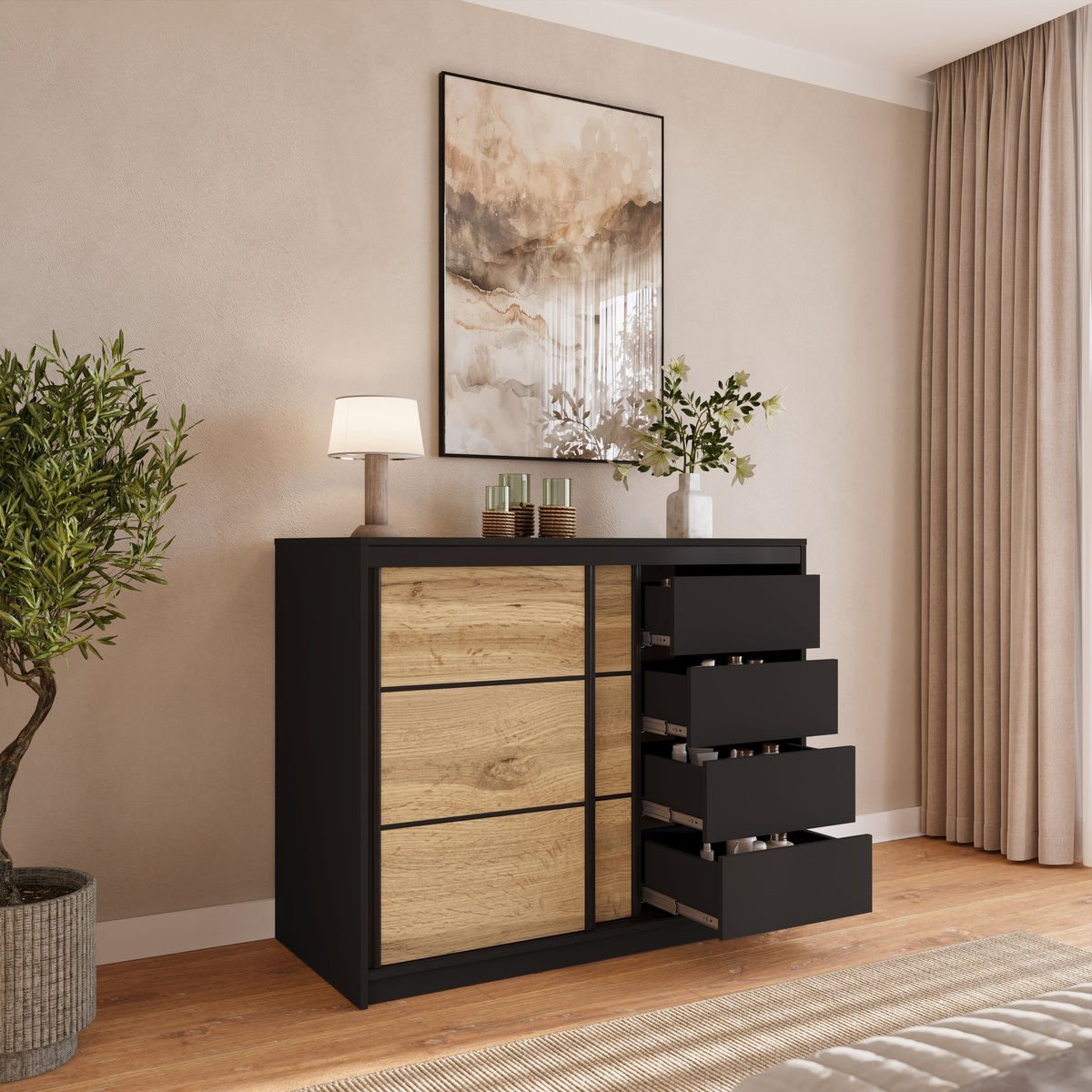 Komoda przesuwna z drążkiem i szufladami 120 cm LOFT
