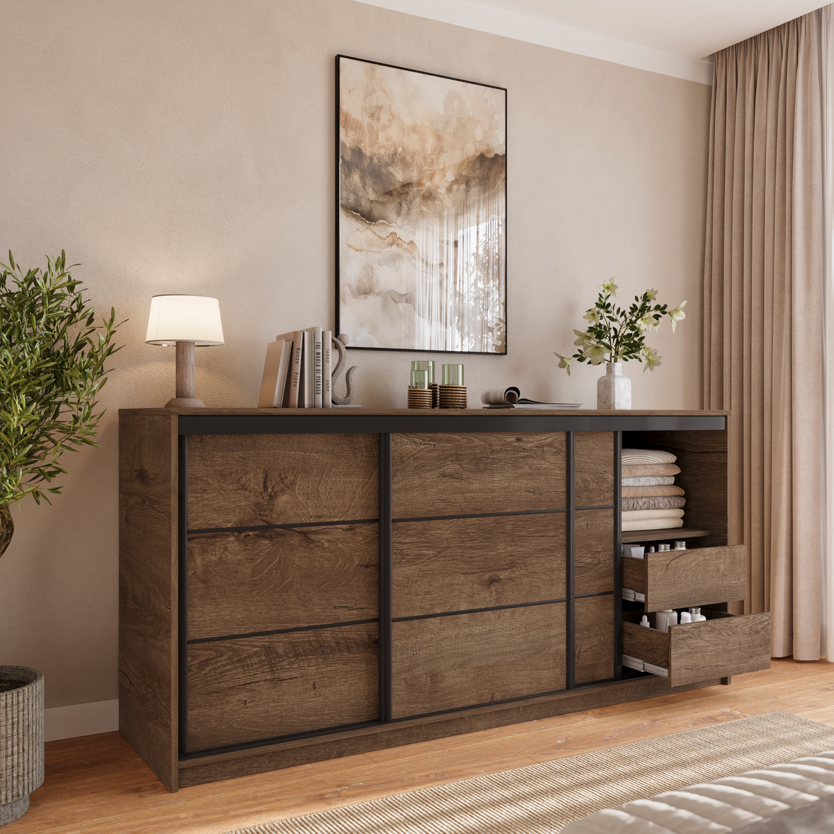 Duża komoda przesuwna 200 cm z szufladami dąb lefkas LOFT