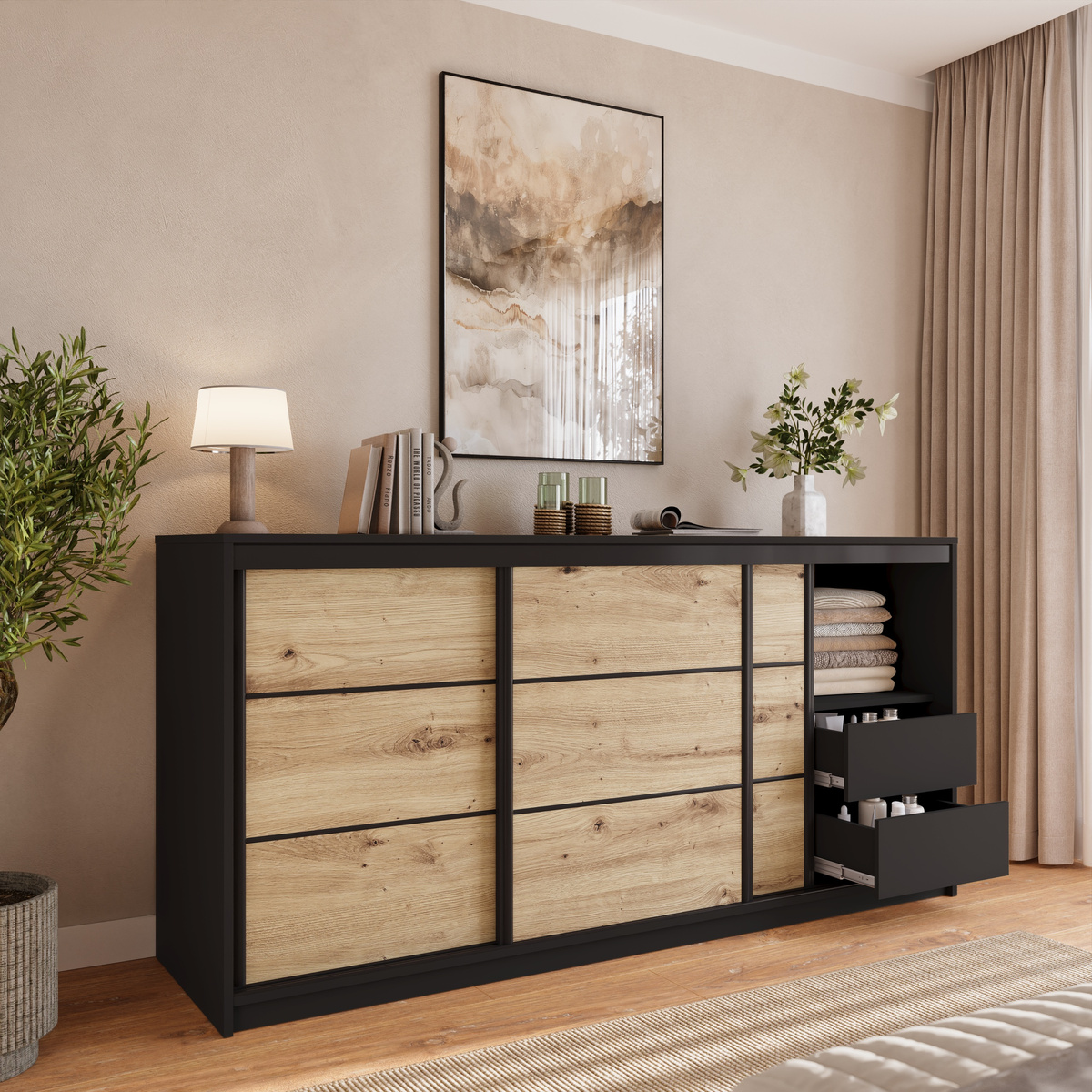 Komoda przesuwna do sypialni z szufladami 200 cm LOFT dąb artisan