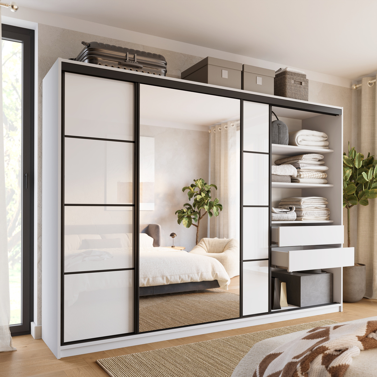 Szafa z lustrem biała połysk 280 cm LOFT
