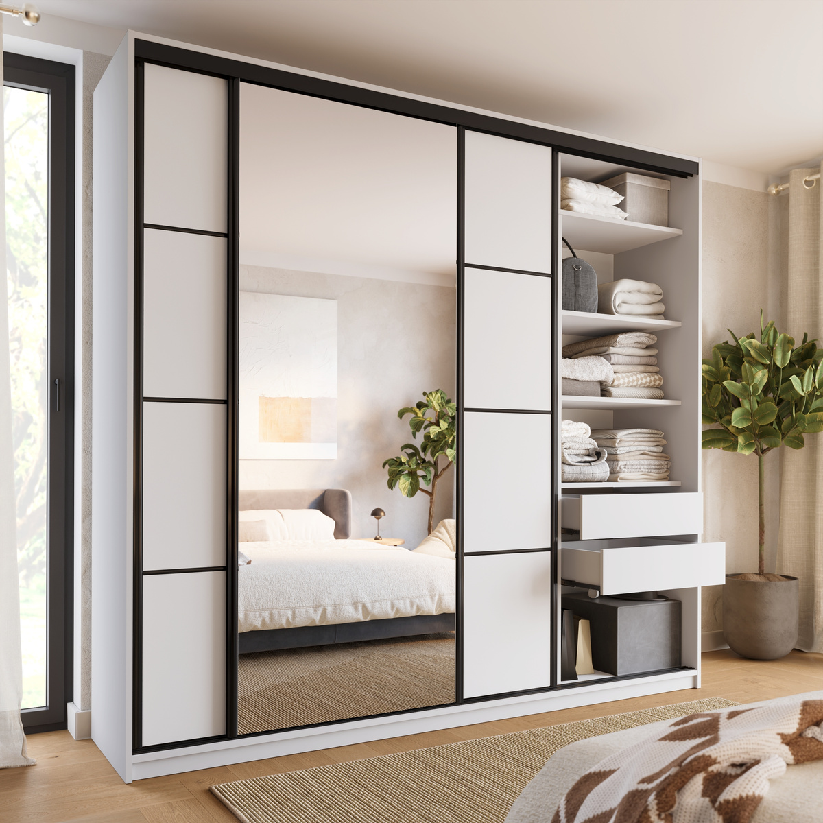 Duża biała szafa przesuwna z lustrem 250 cm LOFT MAX