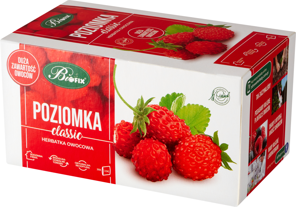 Herbata owocowa w torebkach BiFix Classic, poziomka, 20 sztuk x 2.5g