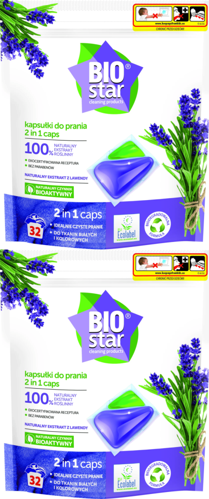 2x Kapsułki do prania tkanin białych i kolorowych BIOStar 2 in 1, 32 sztuki