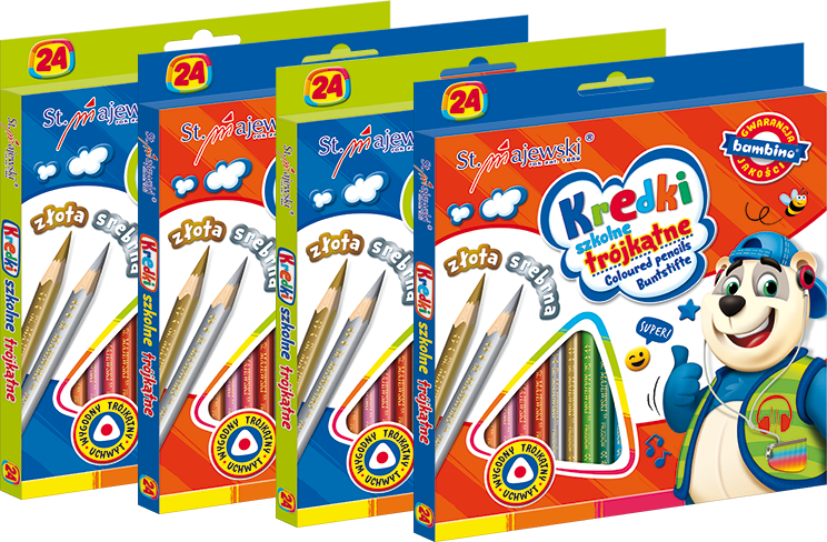 4x Kredki ołówkowe Bambino Zwierzaki Uczniaki, w oprawie drewnianej, trójkątne, 24 sztuki, mix kolorów